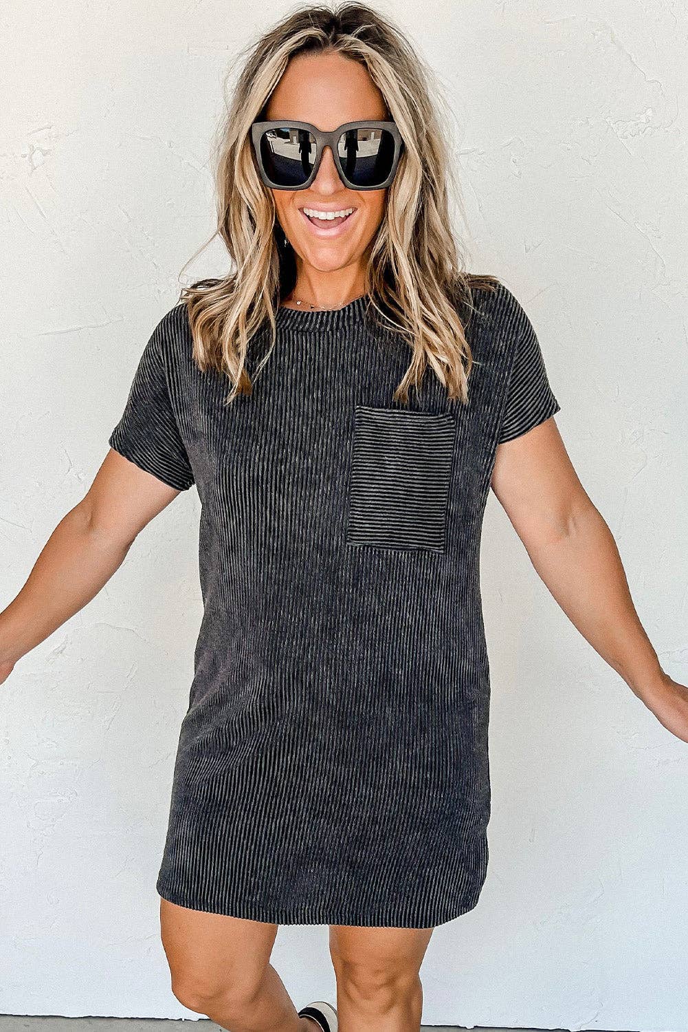 Ribbed Knit Textured Pocket T Shirt Mini Dress