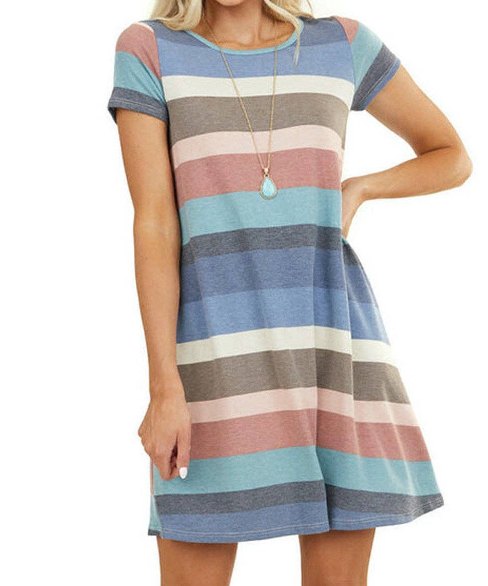 Multi Stripe Pocket Dress - Blue or Pink