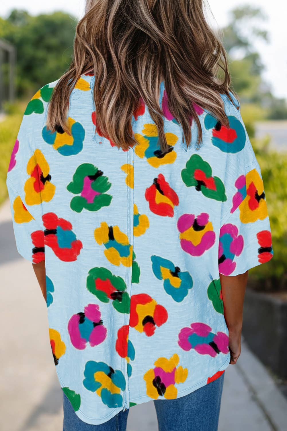 Women Leopard Print Short Sleeve Loose Fit Tee | S-XL Blue