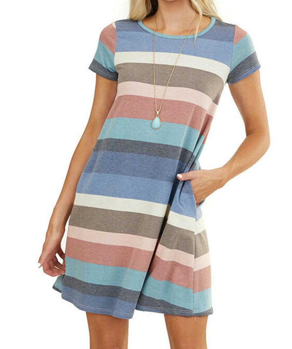 Multi Stripe Pocket Dress - Blue or Pink