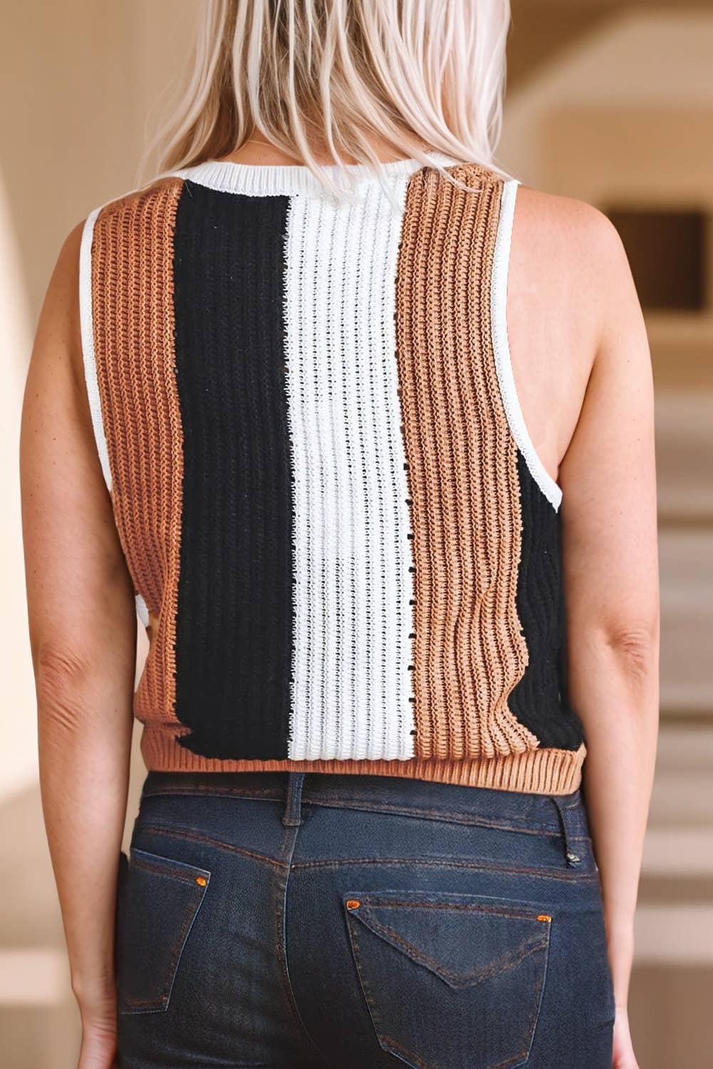 Women Striped Color Block Sleeveless Sweater Vest | S-XL
