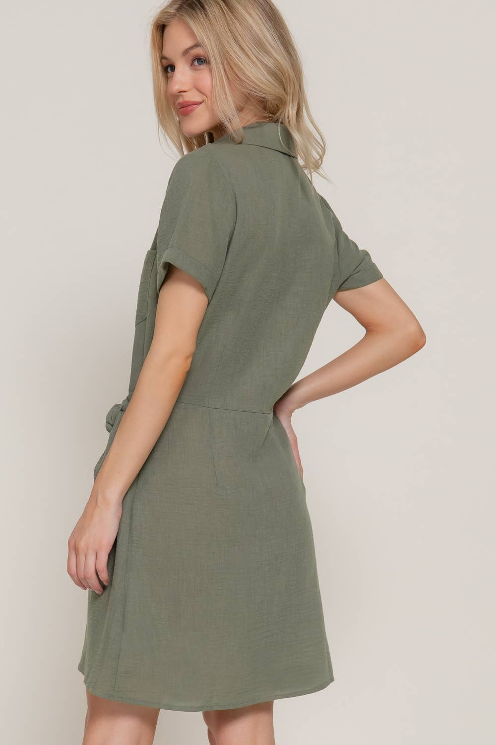 Short Sleeve Button Down Side Bow Linen Effect Mini Dress