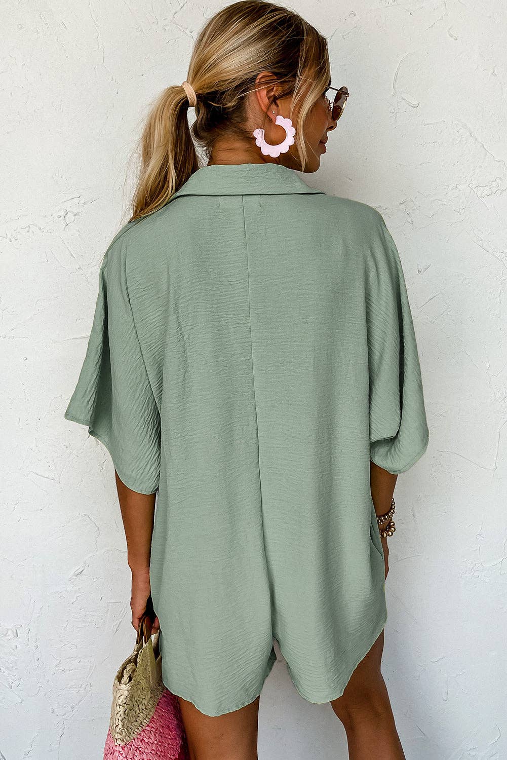 Half Button Sage Green Collared Loose Romper