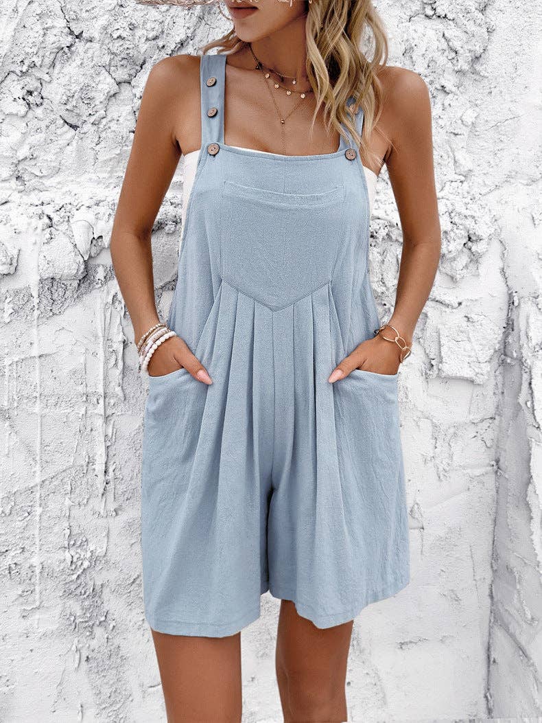Casual Short Sky Blue Romper Overalls With Adjustable Straps