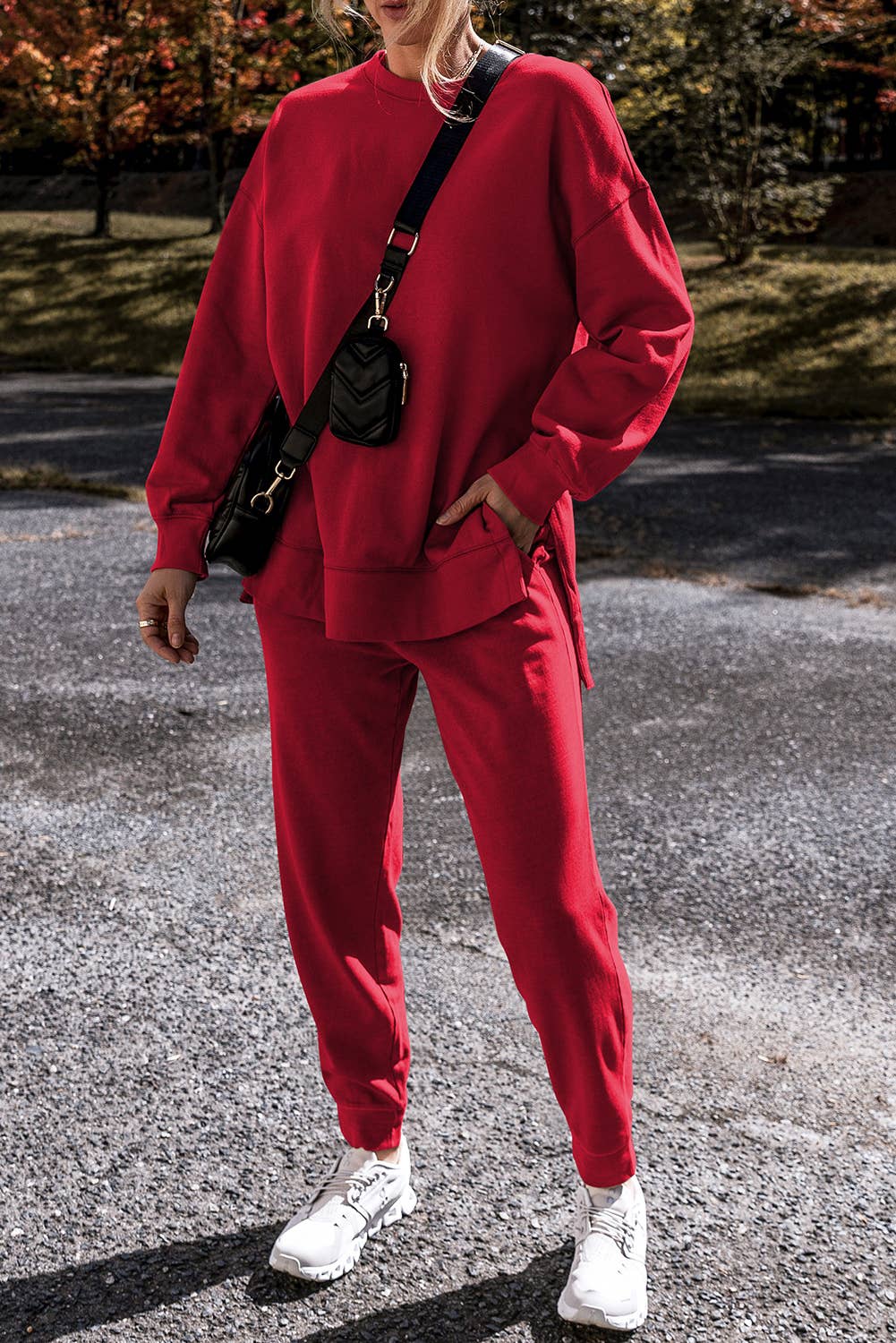 Cozy Side Slit Sweatshirt & Skinny Pants Outfit Set | Large