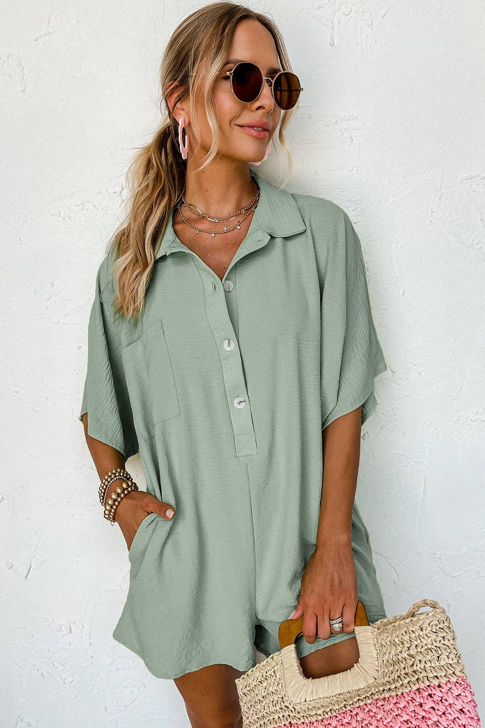 Half Button Sage Green Collared Loose Romper