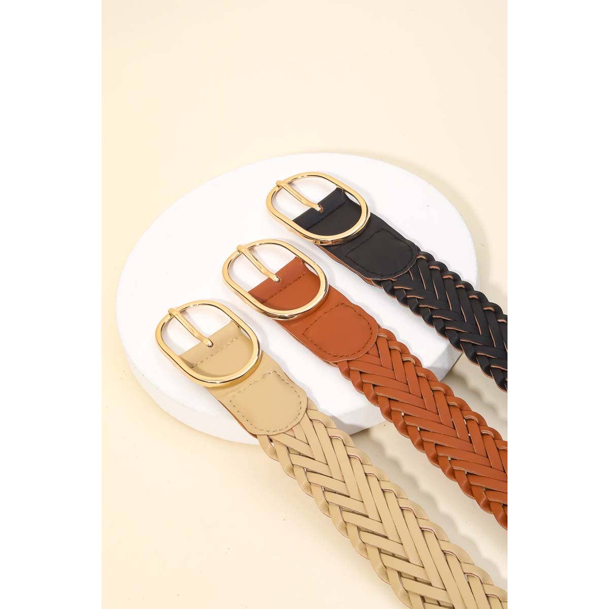 Braided Faux Leather Oval Buckle Belt: BR