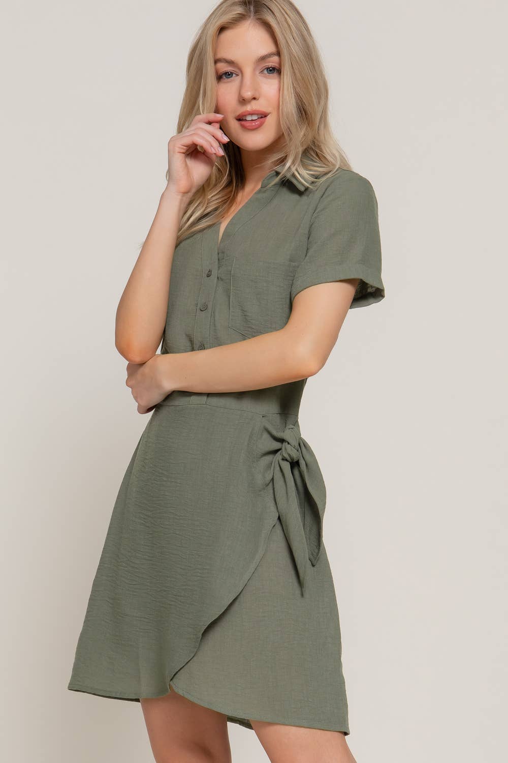Short Sleeve Button Down Side Bow Linen Effect Mini Dress