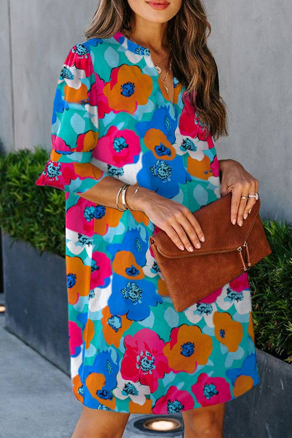 Half Sleeve Colorful Poppy Floral Dress