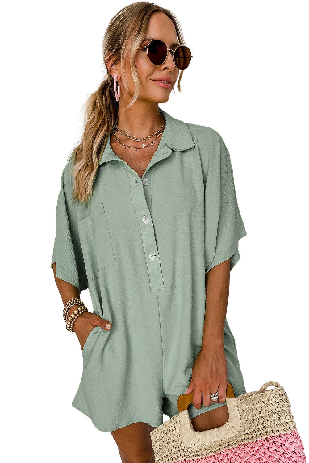 Half Button Sage Green Collared Loose Romper