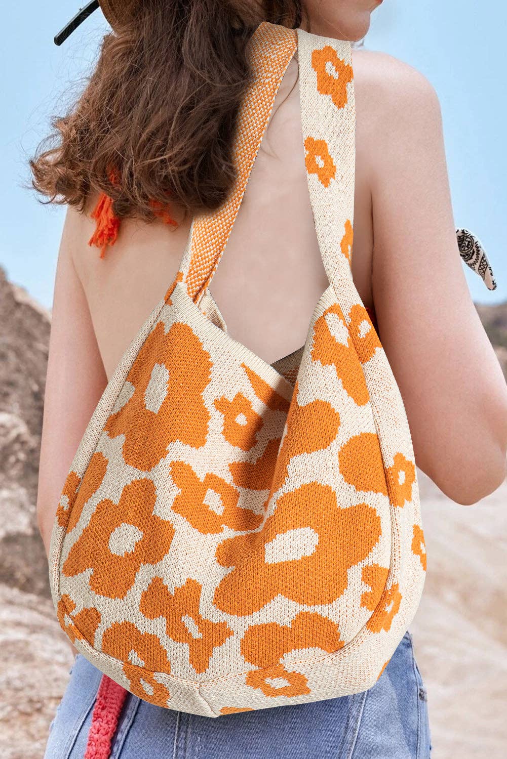 Cream and Orange Flower Knitted Large Single Shoulder Bag