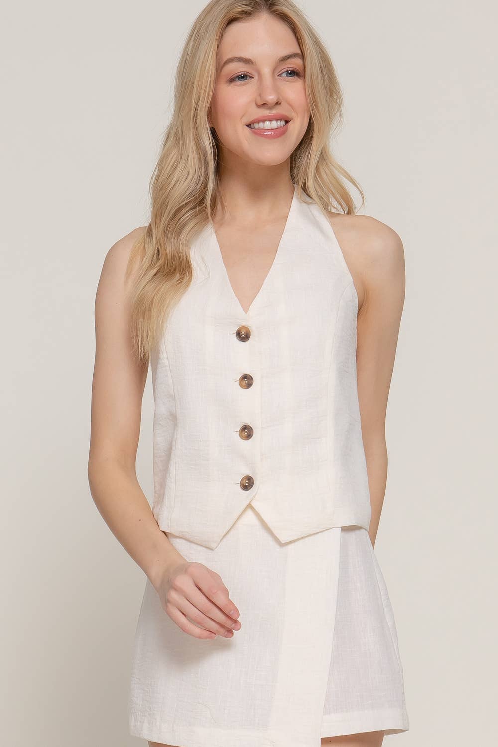 Halter Neck w/ Bow Tie Closure Button Down Linen Effect Top