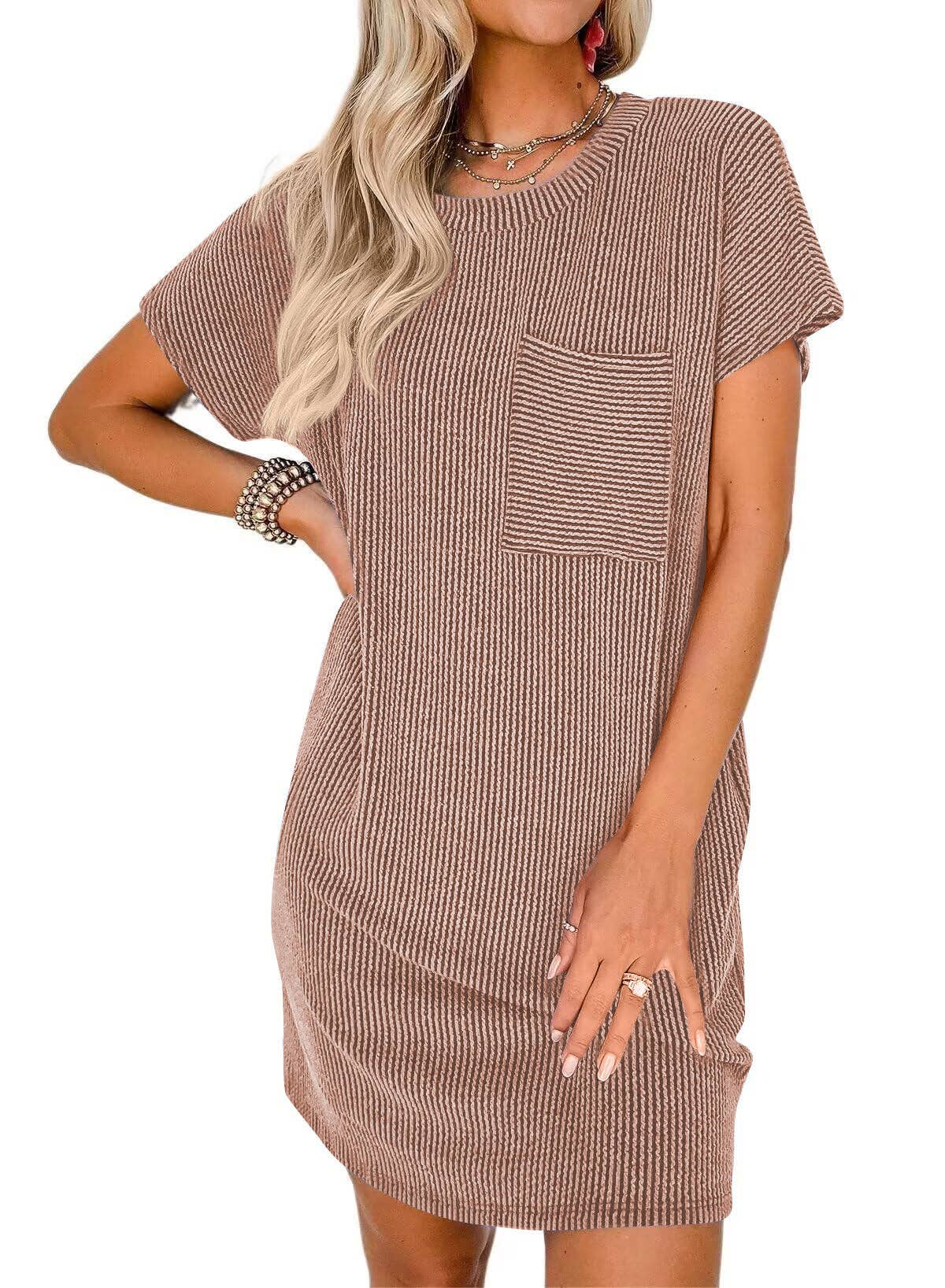 T-shirt Short-sleeved Dress (With Pockets) - Copper Color