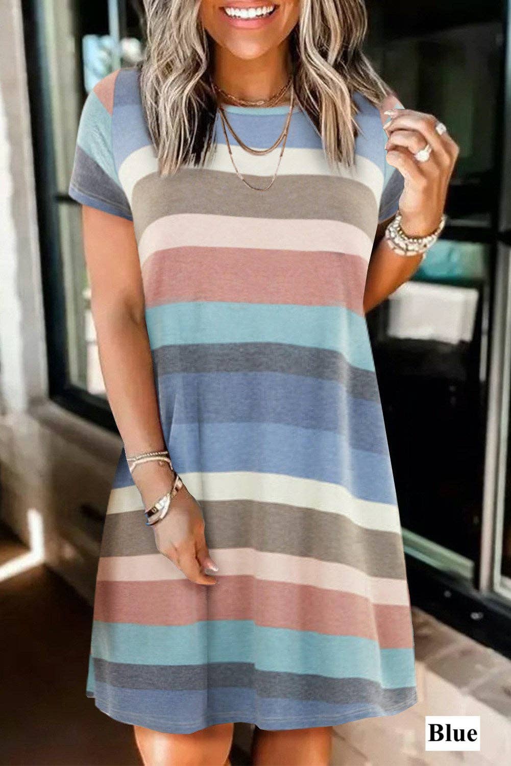 Multi Stripe Pocket Dress - Blue or Pink