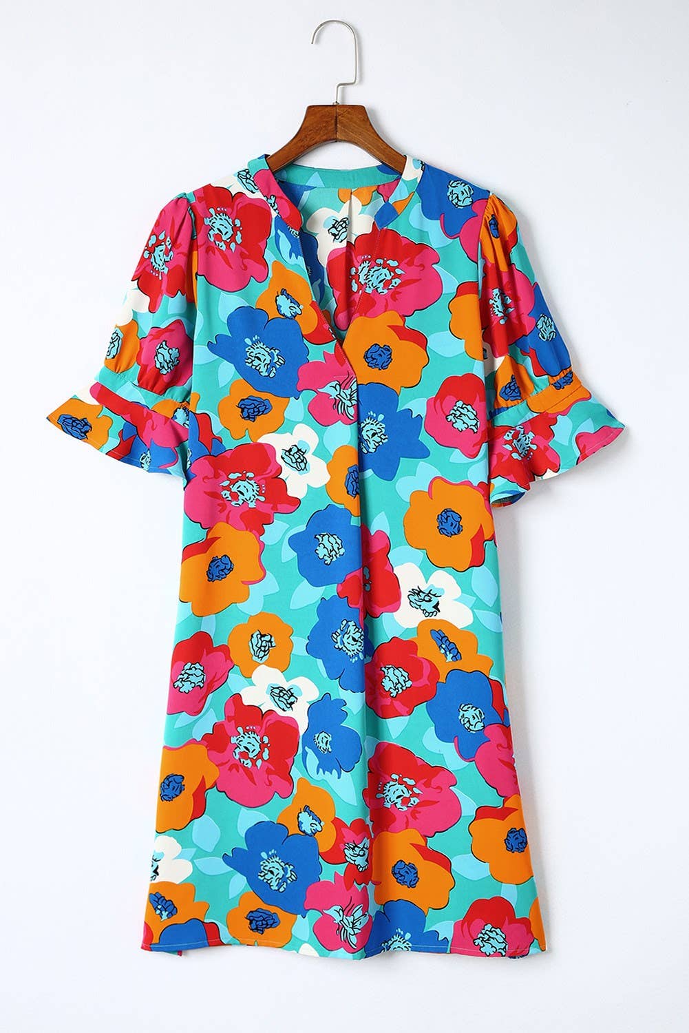 Half Sleeve Colorful Poppy Floral Dress