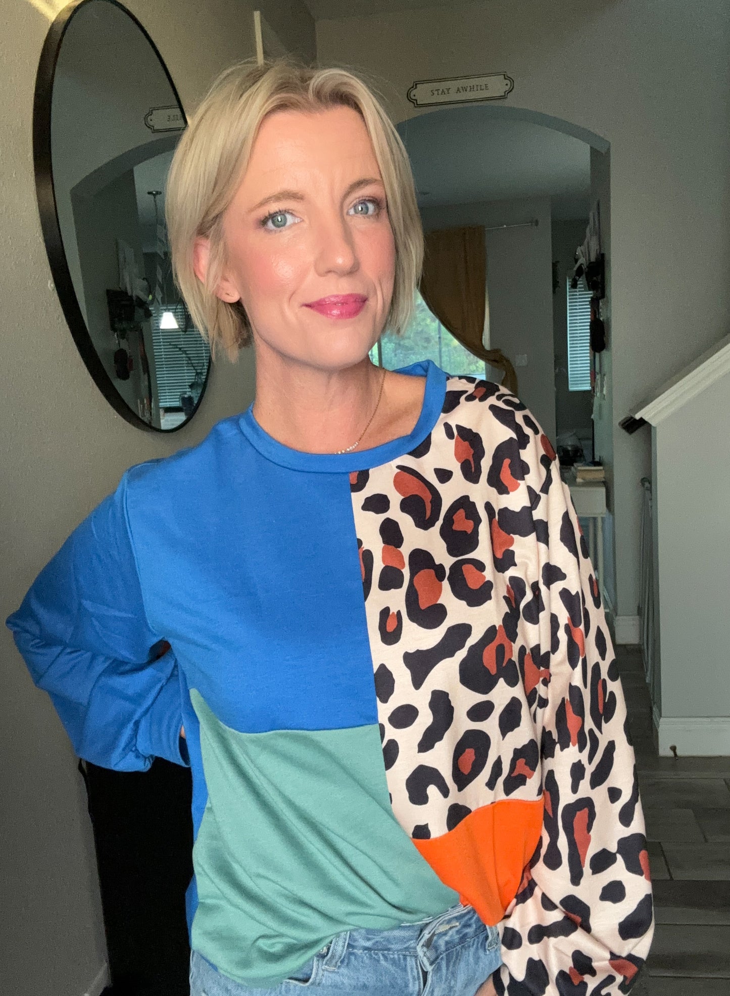 Women Colorblock Leopard Pattern Long Sleeve Top | S-XL