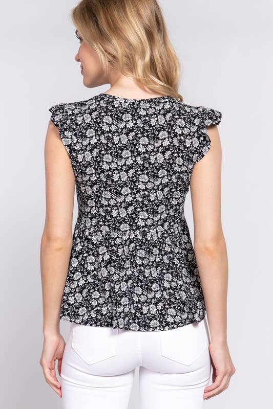 Sleeveless Ruffle Edge Round Neck Peplum Floral Print Top