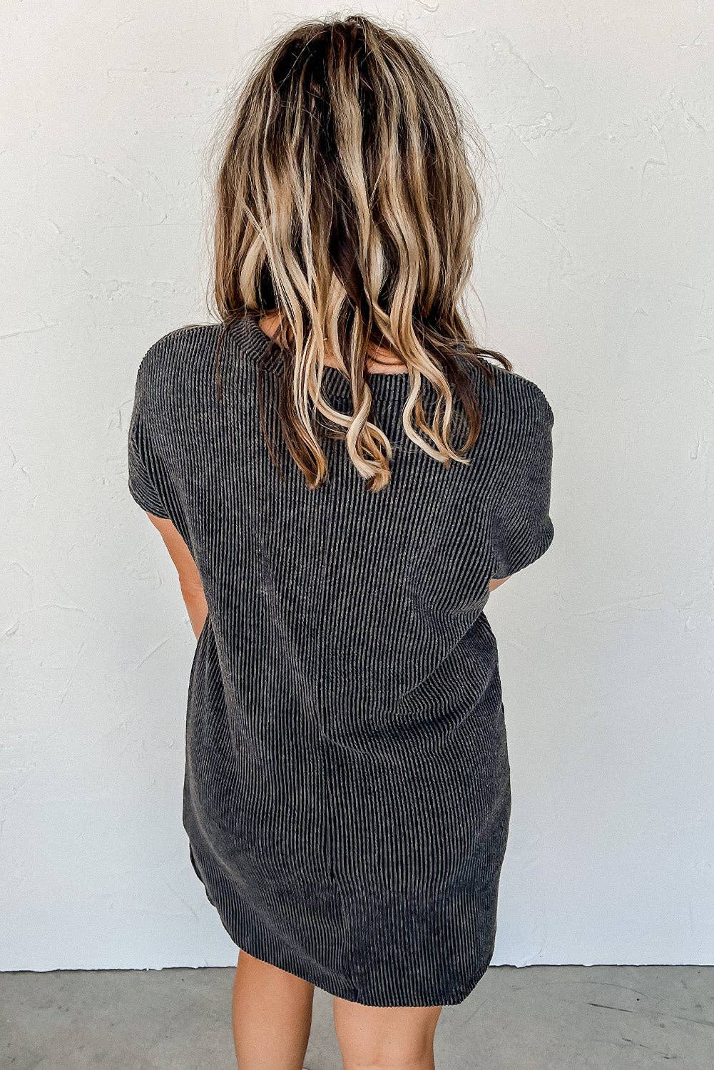 Ribbed Knit Textured Pocket T Shirt Mini Dress