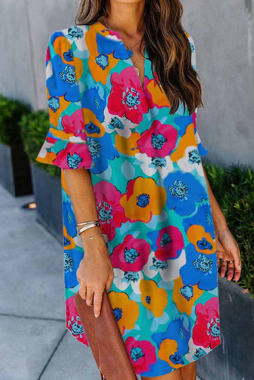 Half Sleeve Colorful Poppy Floral Dress