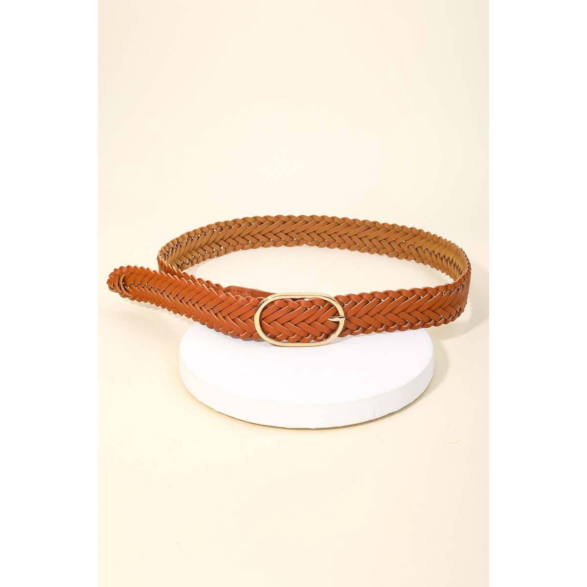 Braided Faux Leather Oval Buckle Belt: BR
