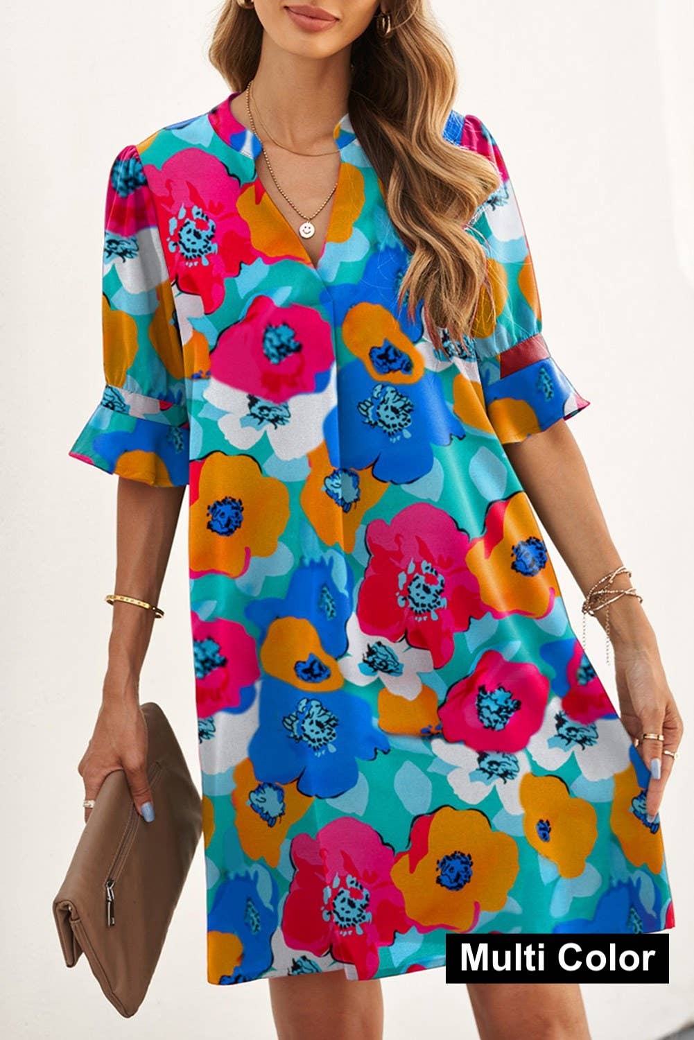 Half Sleeve Colorful Poppy Floral Dress