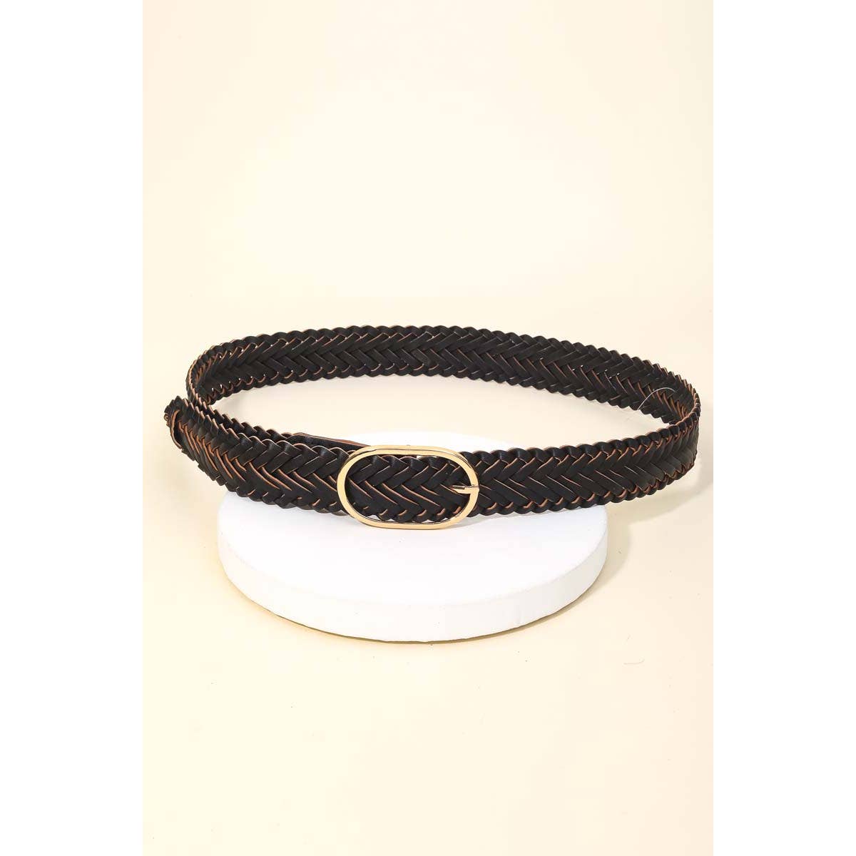 Braided Faux Leather Oval Buckle Belt: BR