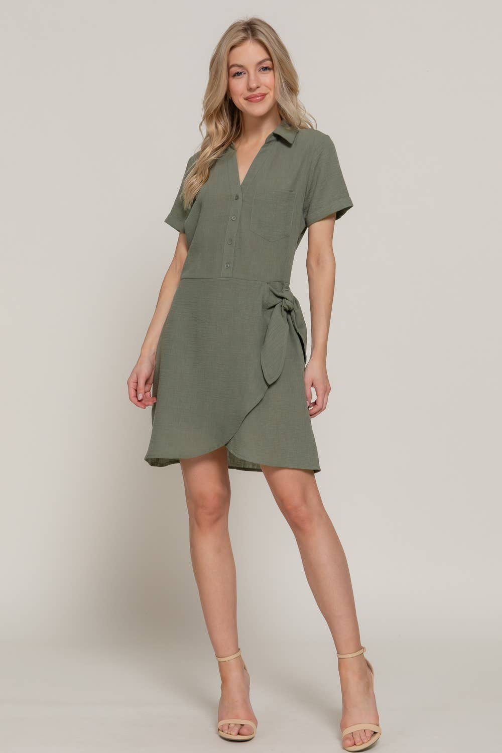 Short Sleeve Button Down Side Bow Linen Effect Mini Dress