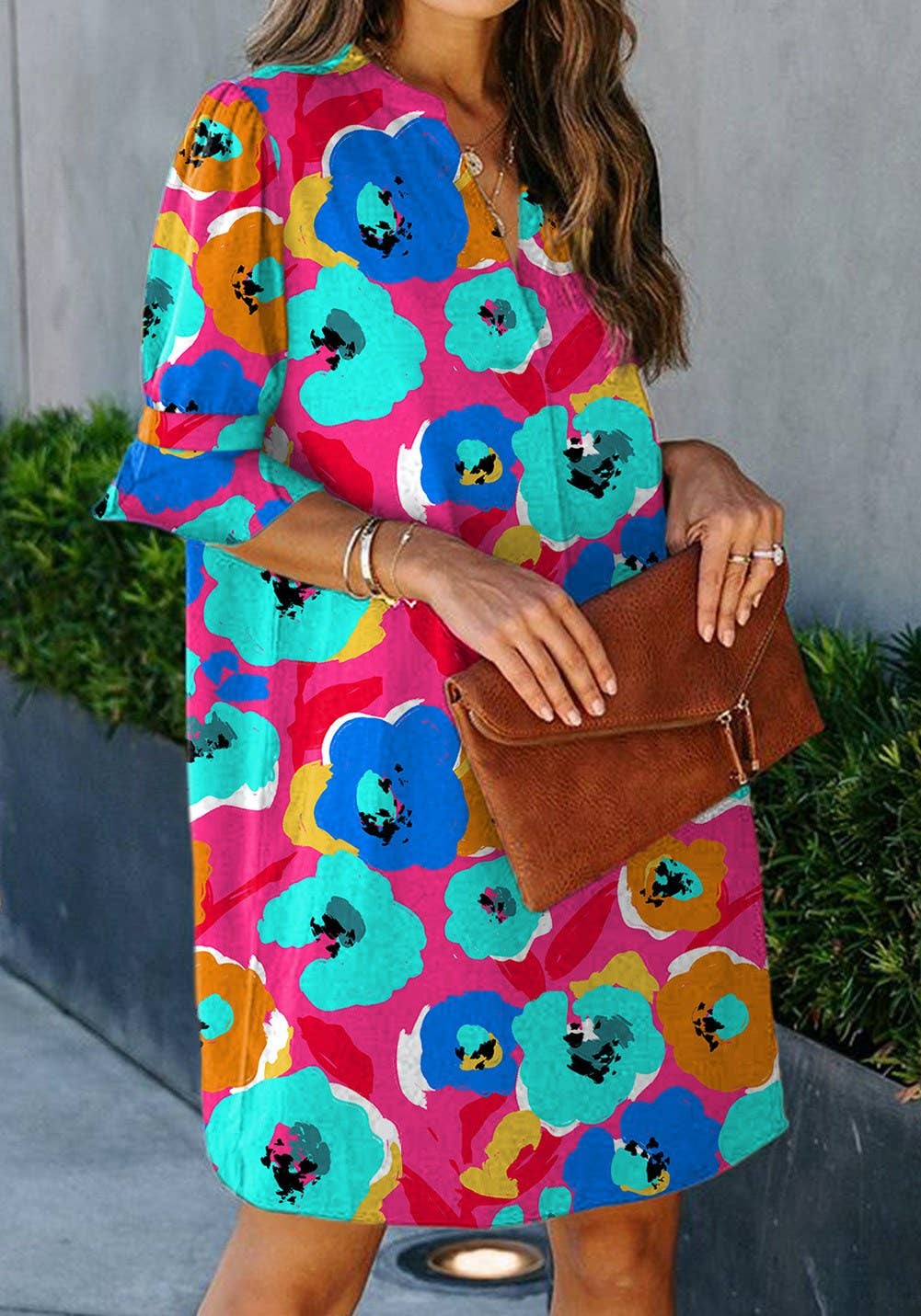 Half Sleeve Colorful Poppy Floral Dress