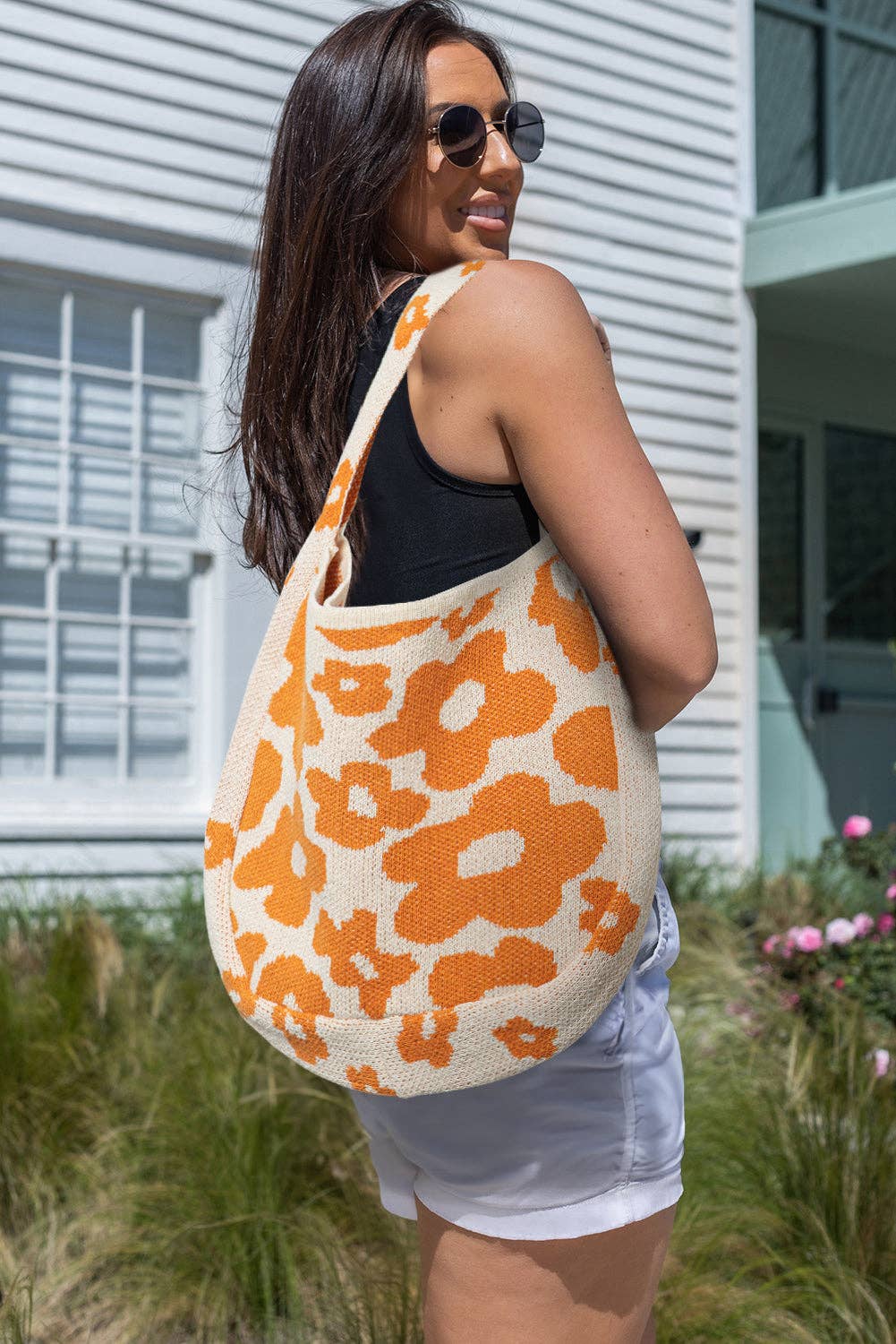 Cream and Orange Flower Knitted Large Single Shoulder Bag