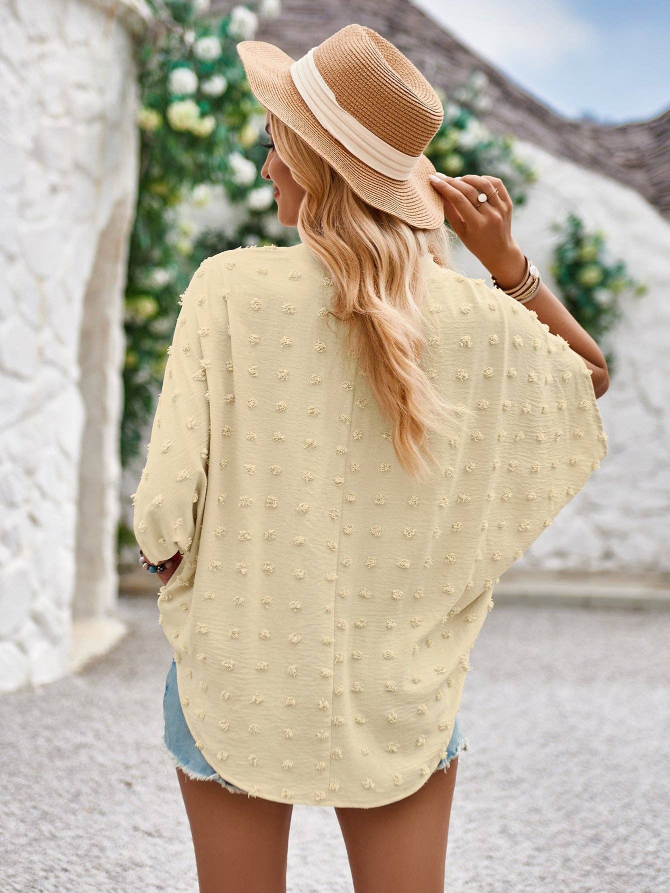 Solid Color Loose V-neck Fur Ball Women's Top in Apricot
