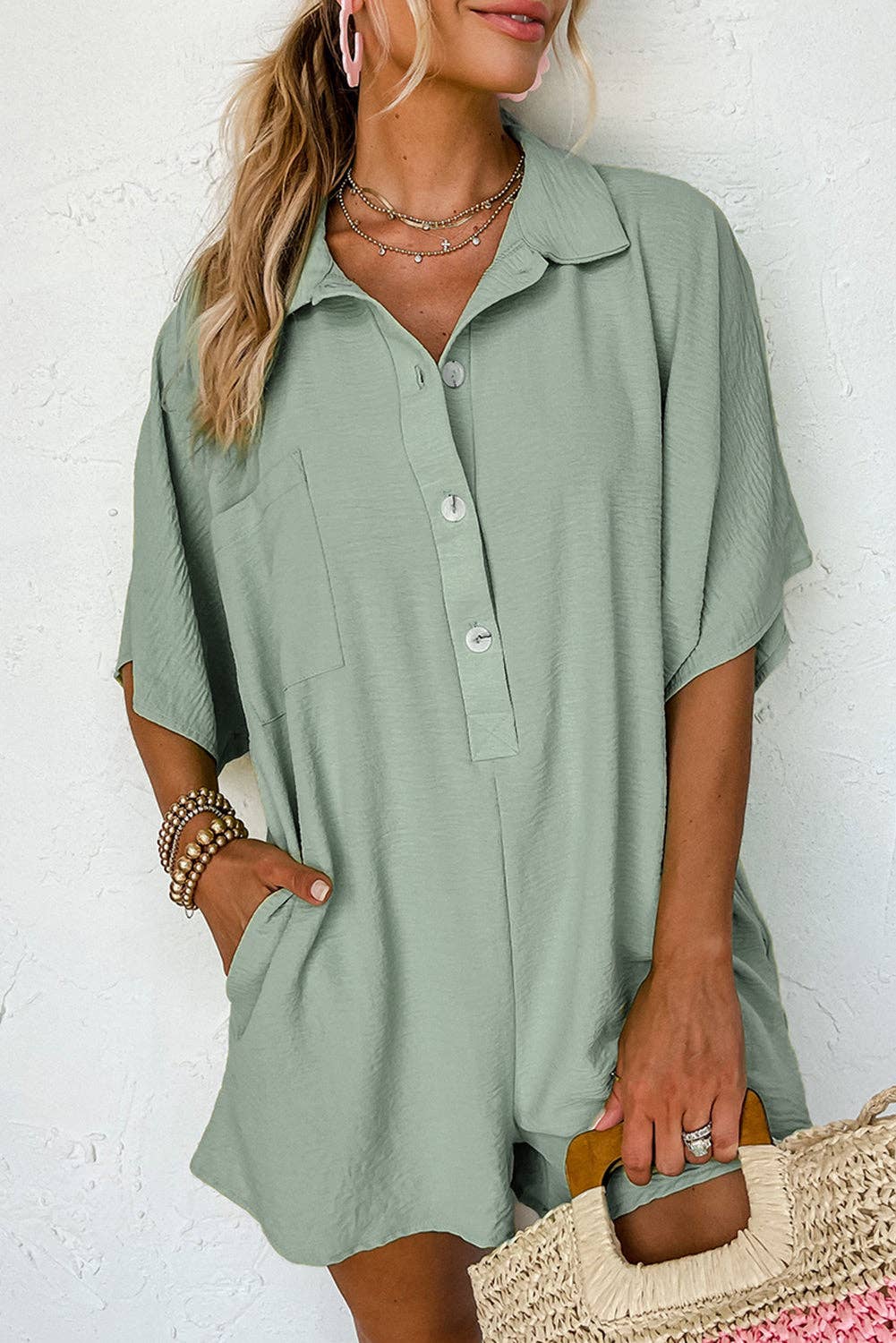 Half Button Sage Green Collared Loose Romper