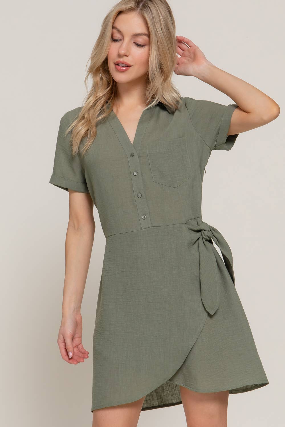Short Sleeve Button Down Side Bow Linen Effect Mini Dress