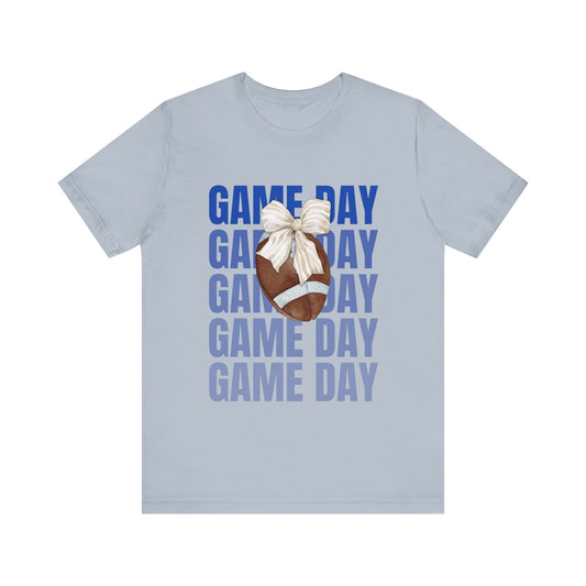 Blue and White Fall Football and Bow Game Day Tee