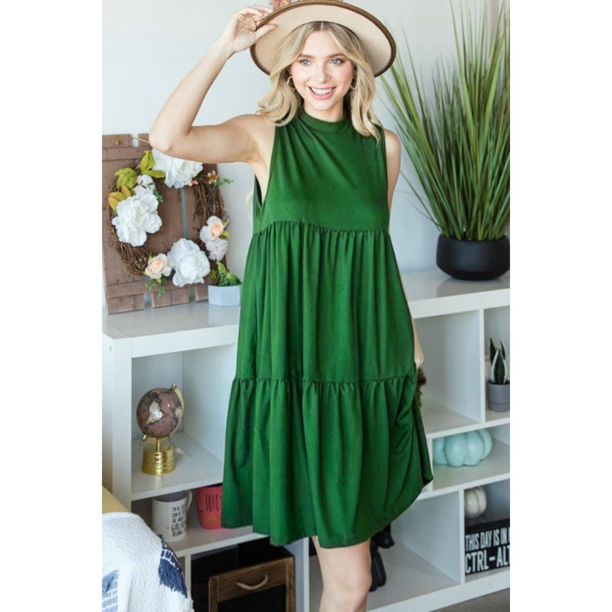 Green Tiered Mock Neck Mini Dress