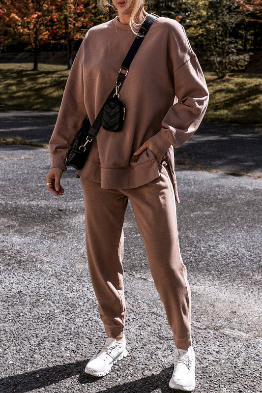 Cozy Side Slit Sweatshirt & Skinny Pants Outfit Set | Large