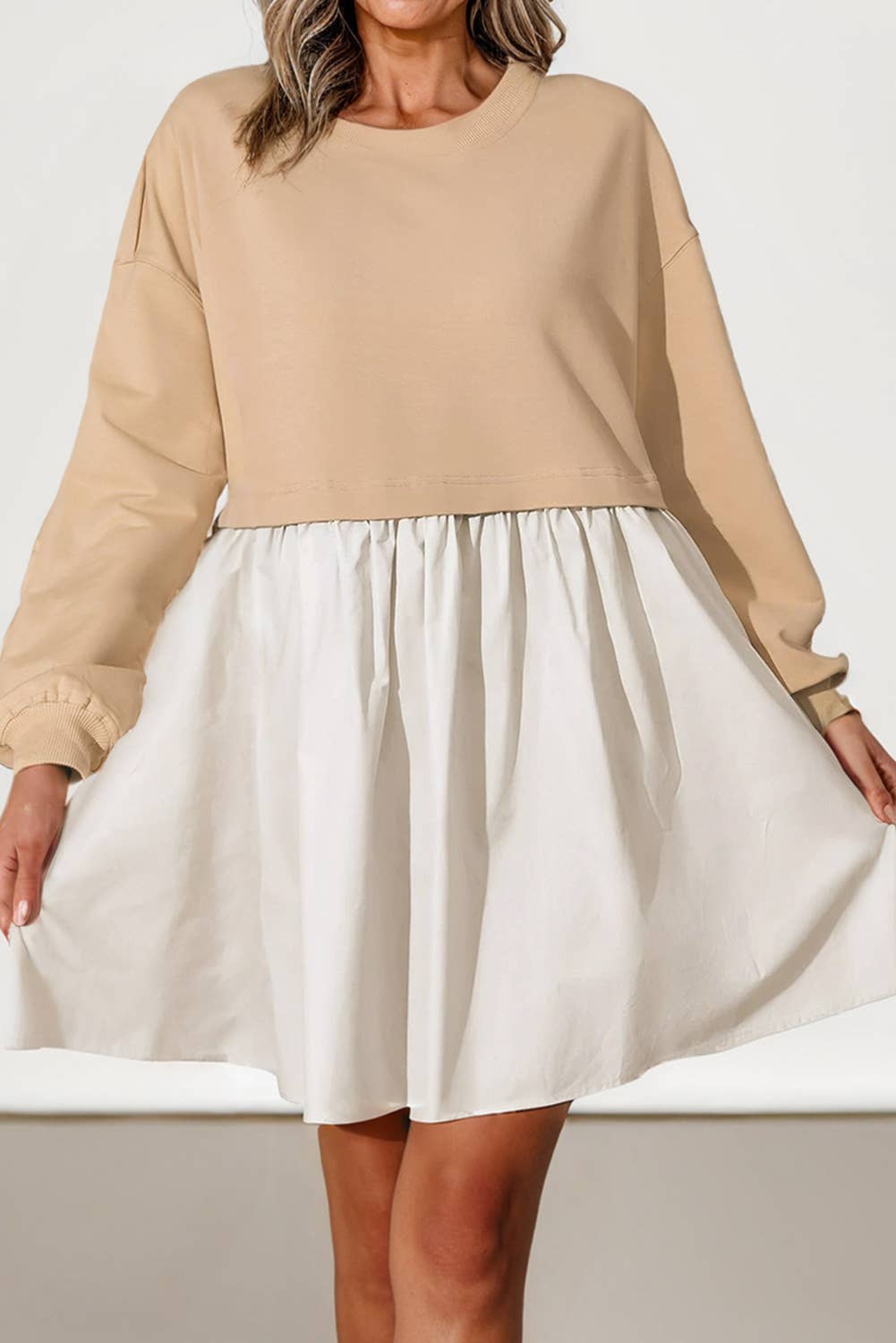 Women 2-tone Sweatshirt Loose Fit Ruffled Mini Dress: Tan and Beige