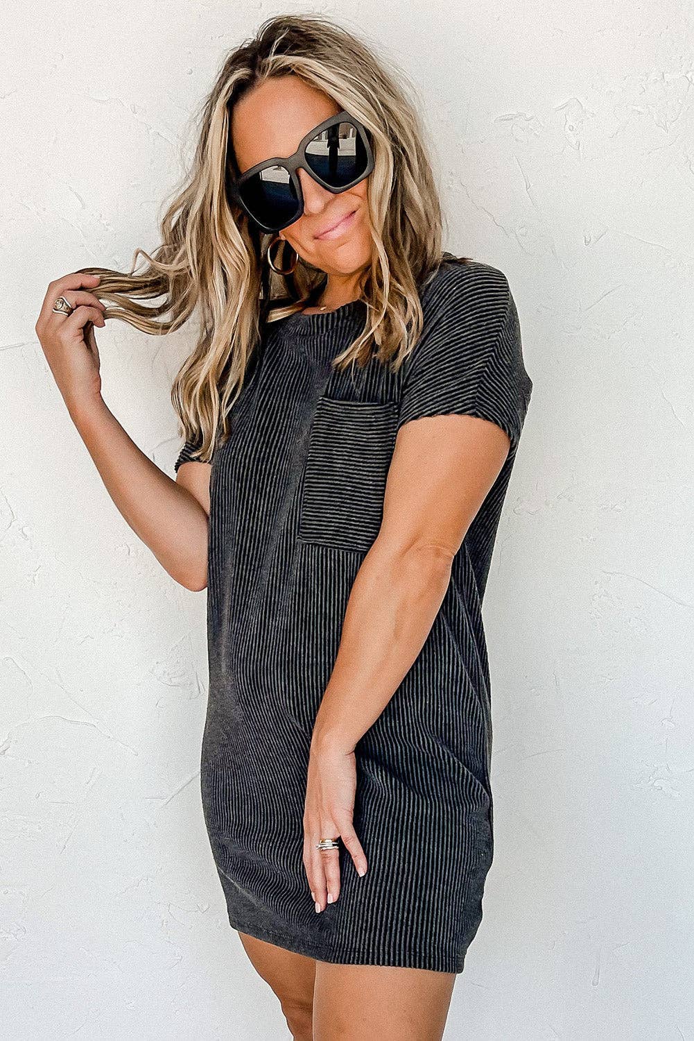 Ribbed Knit Textured Pocket T Shirt Mini Dress