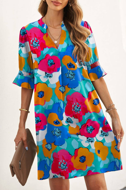 Half Sleeve Colorful Poppy Floral Dress