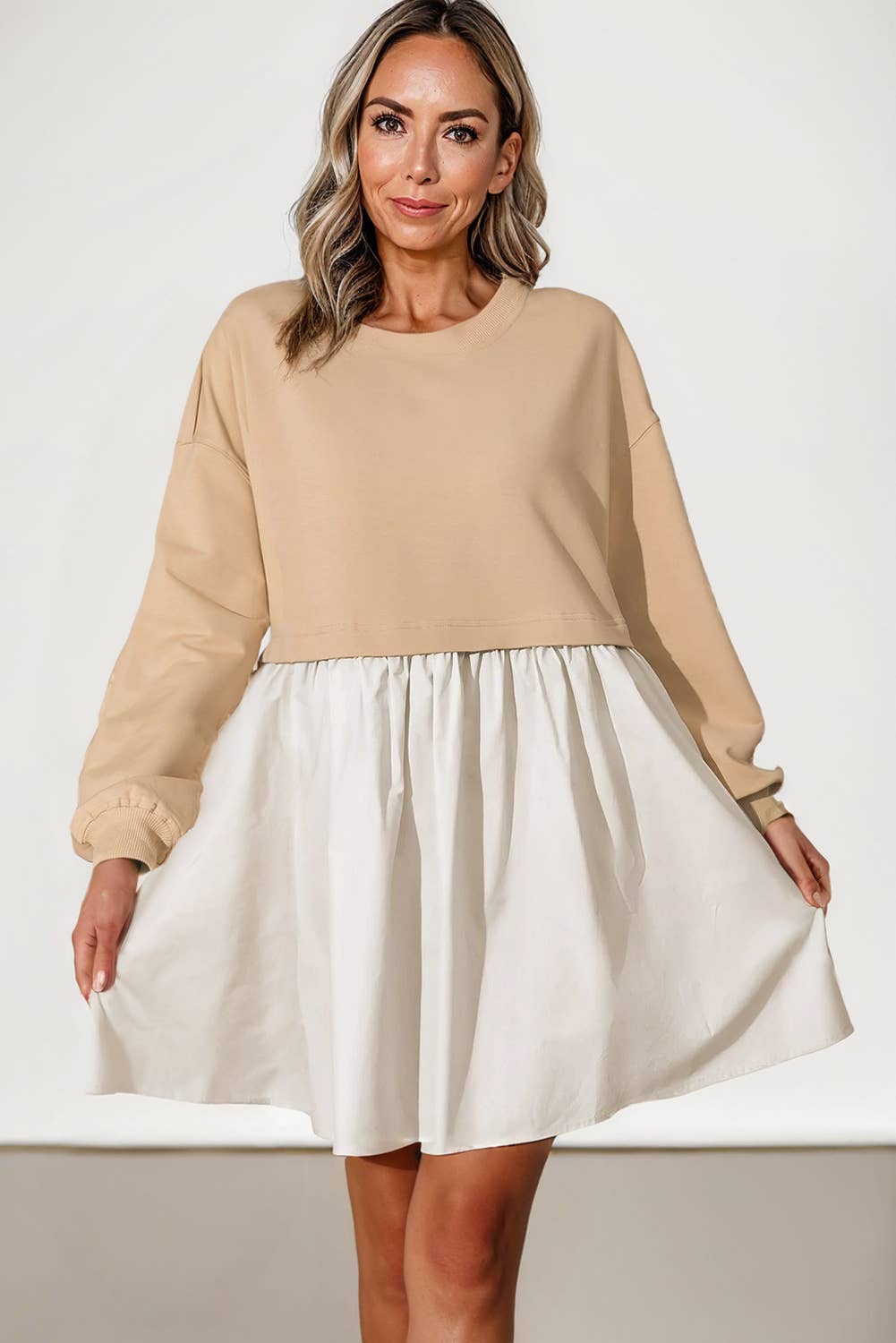 Women 2-tone Sweatshirt Loose Fit Ruffled Mini Dress: Tan and Beige