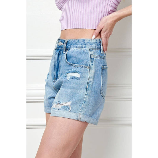 Medium Washed Denim Distressed Roll up Shorts