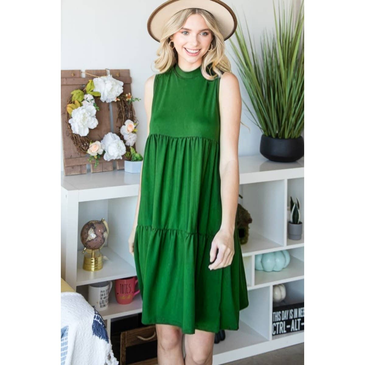 Green Tiered Mock Neck Mini Dress
