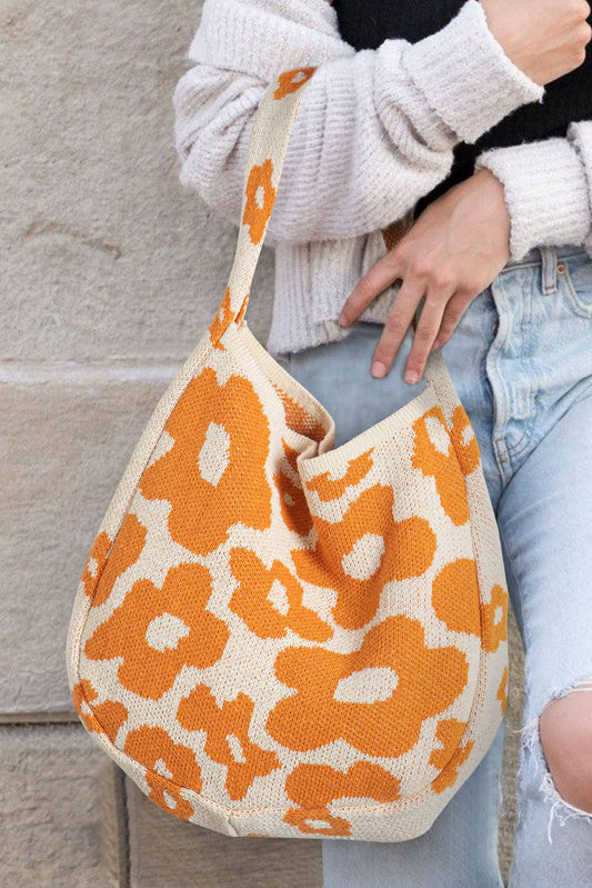 Cream and Orange Flower Knitted Large Single Shoulder Bag
