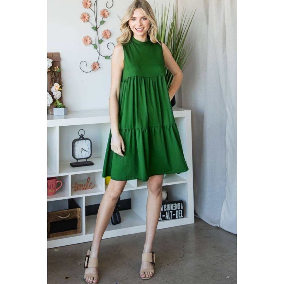 Green Tiered Mock Neck Mini Dress