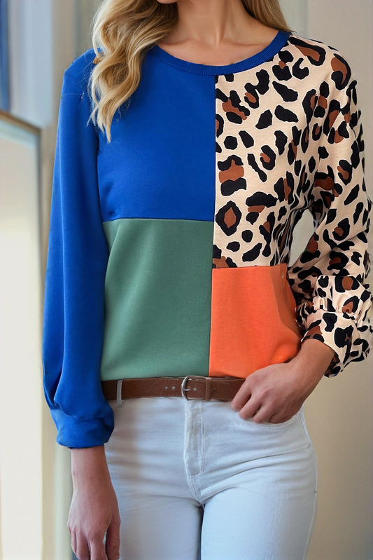 Women Colorblock Leopard Pattern Long Sleeve Top | S-XL