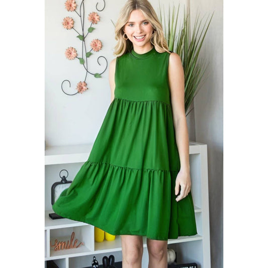 Green Tiered Mock Neck Mini Dress