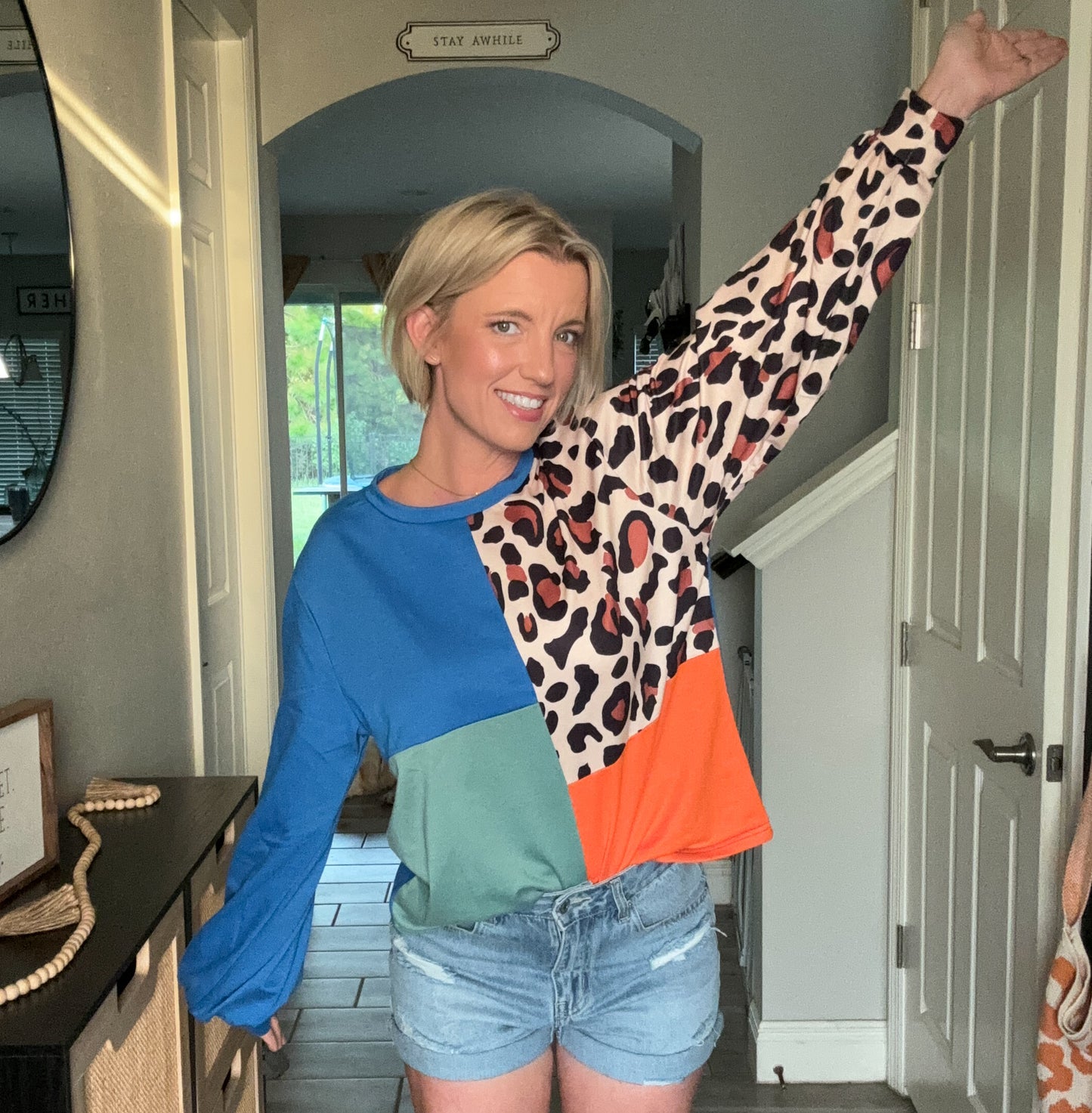 Women Colorblock Leopard Pattern Long Sleeve Top | S-XL