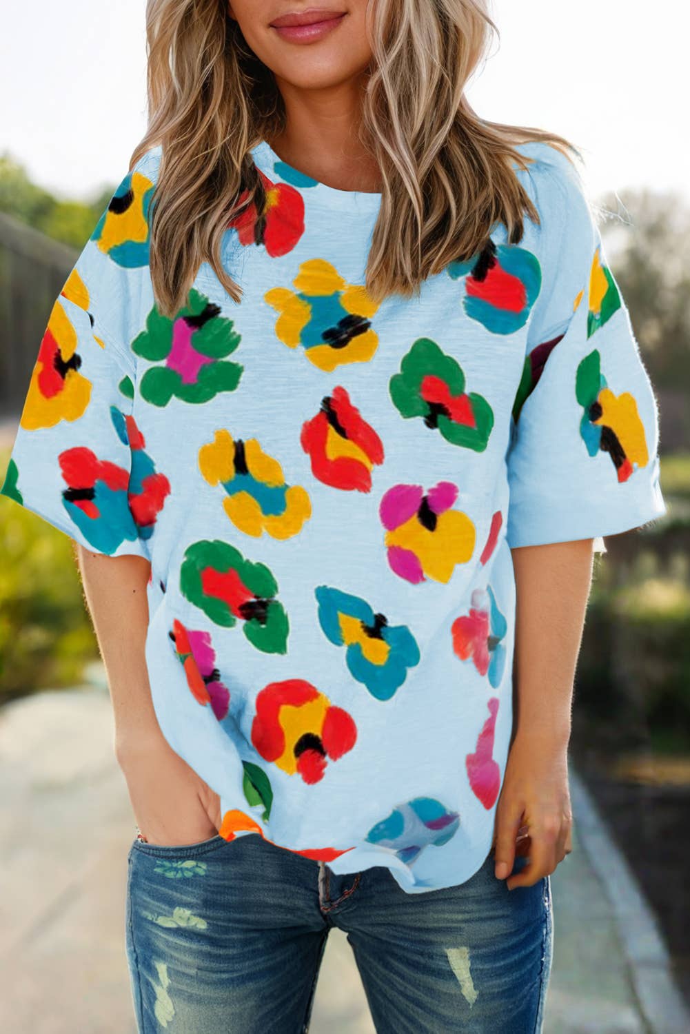 Women Leopard Print Short Sleeve Loose Fit Tee | S-XL Blue