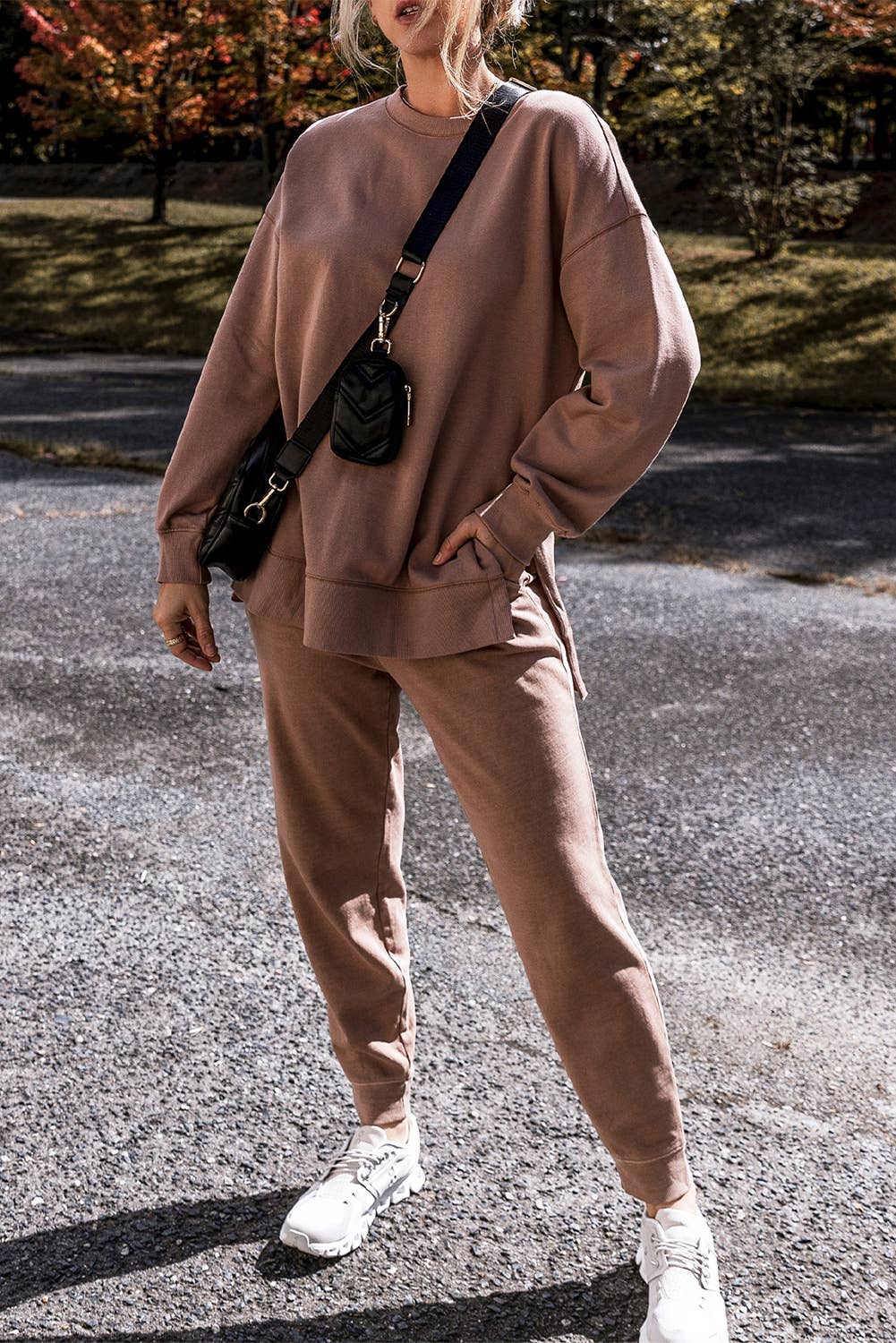 Cozy Side Slit Sweatshirt & Skinny Pants Outfit Set | Large
