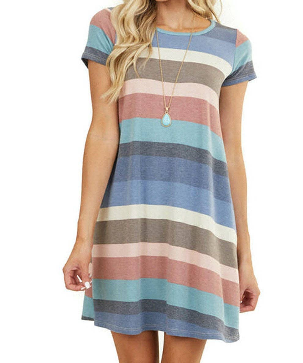 Multi Stripe Pocket Dress - Blue or Pink