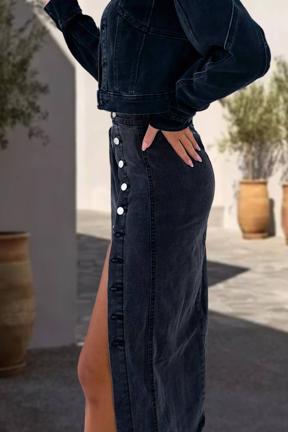 Black Side Split High Waist Denim Midi Skirt